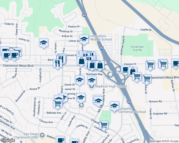 map of restaurants, bars, coffee shops, grocery stores, and more near 5505 Clairemont Mesa Boulevard in San Diego