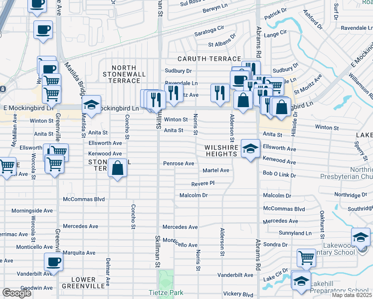 map of restaurants, bars, coffee shops, grocery stores, and more near 6159 Kenwood Avenue in Dallas