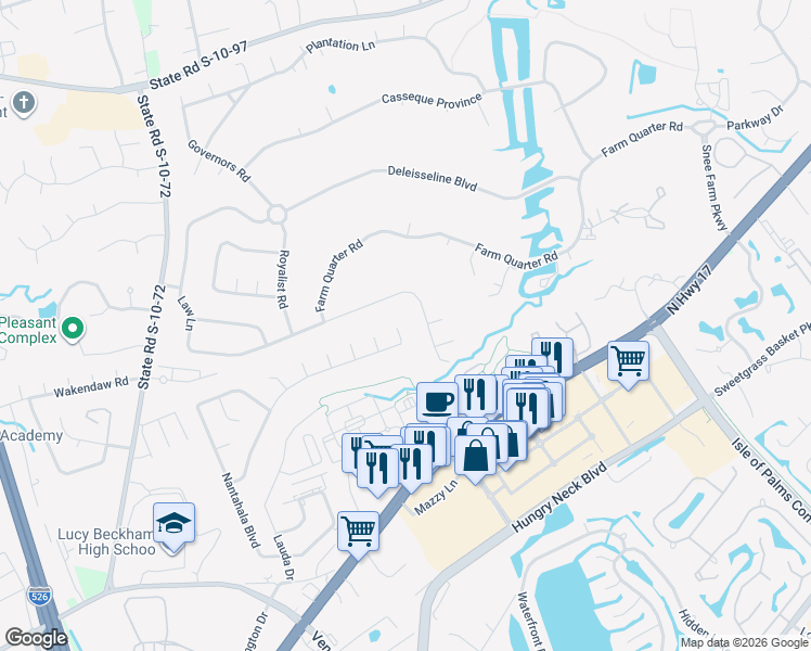 map of restaurants, bars, coffee shops, grocery stores, and more near 843 Ramblewood Circle in Mount Pleasant