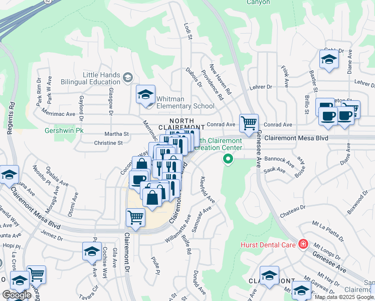 map of restaurants, bars, coffee shops, grocery stores, and more near 5074 Clairemont Dr in San Diego