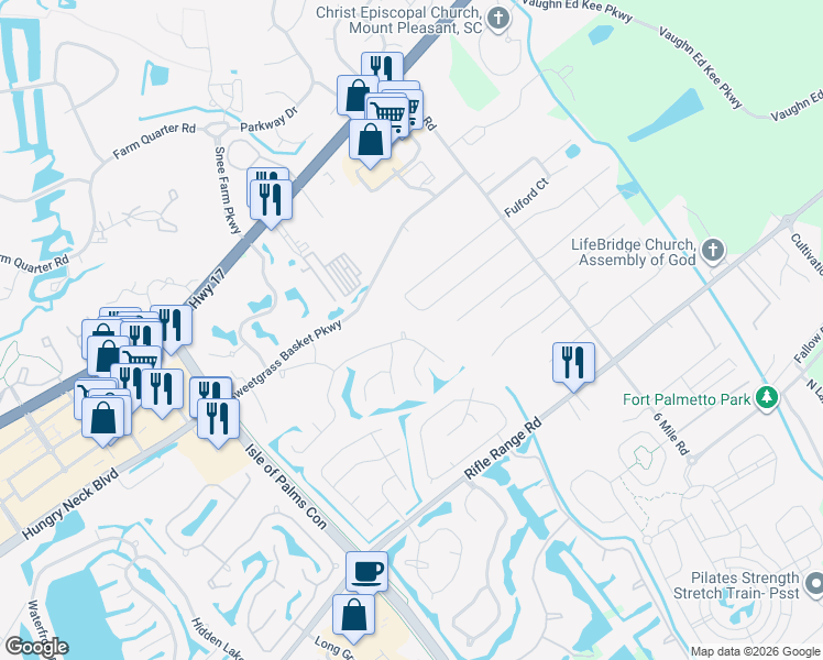 map of restaurants, bars, coffee shops, grocery stores, and more near 2126 Country Manor Drive in Mount Pleasant