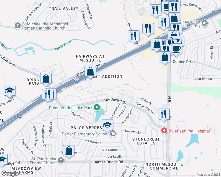 map of restaurants, bars, coffee shops, grocery stores, and more near 601 Northwest Drive in Mesquite