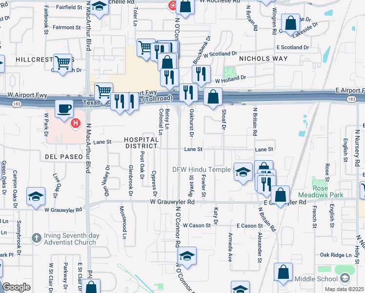 map of restaurants, bars, coffee shops, grocery stores, and more near 1800 North O'Connor Road in Irving