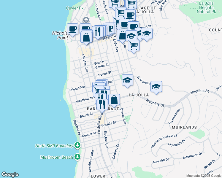 map of restaurants, bars, coffee shops, grocery stores, and more near 638 Westbourne Street in San Diego