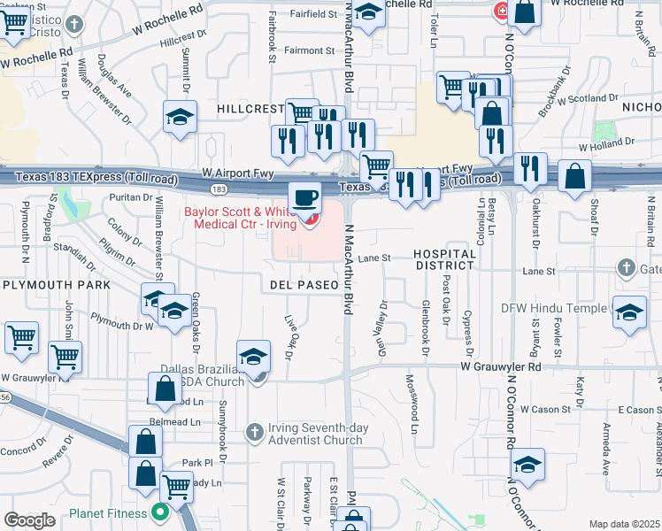 map of restaurants, bars, coffee shops, grocery stores, and more near 1116E Lane Street in Irving