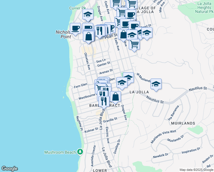 map of restaurants, bars, coffee shops, grocery stores, and more near 544 Westbourne Street in San Diego