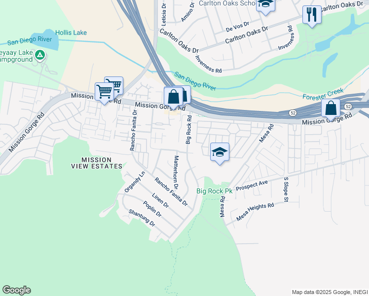 map of restaurants, bars, coffee shops, grocery stores, and more near 8632 Big Rock Road in Santee