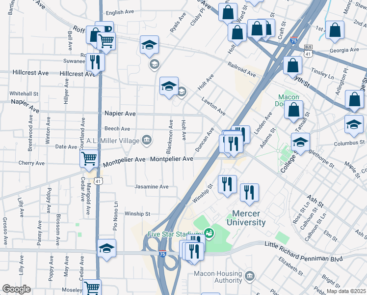 map of restaurants, bars, coffee shops, grocery stores, and more near 1335 Holt Avenue in Macon