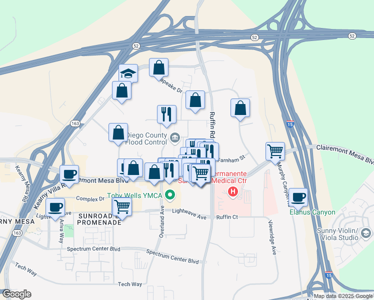 map of restaurants, bars, coffee shops, grocery stores, and more near 9230 Farnham Street in San Diego