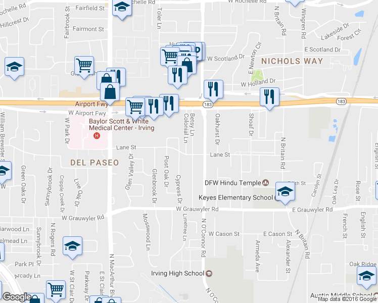map of restaurants, bars, coffee shops, grocery stores, and more near 1801 Betsy Lane in Irving