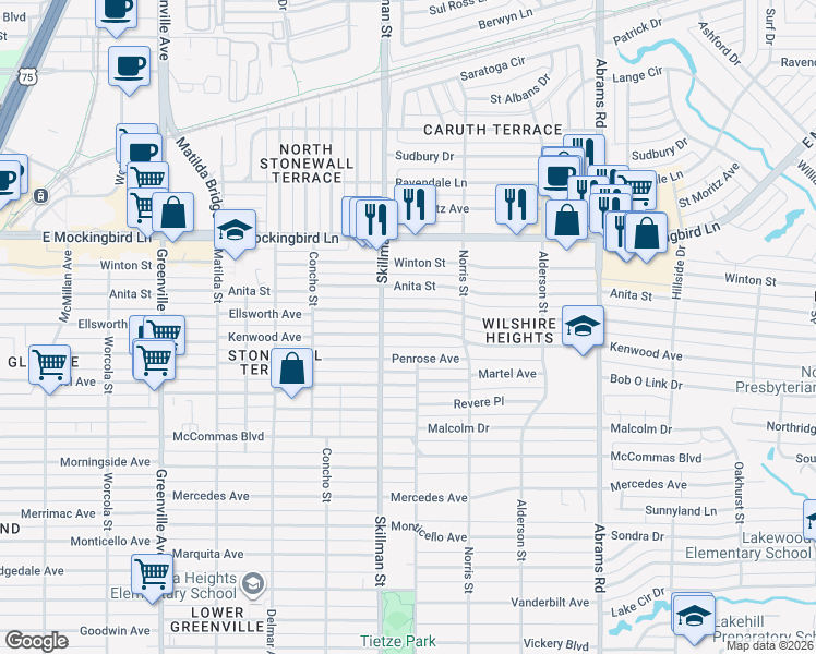 map of restaurants, bars, coffee shops, grocery stores, and more near 6121 Kenwood Avenue in Dallas
