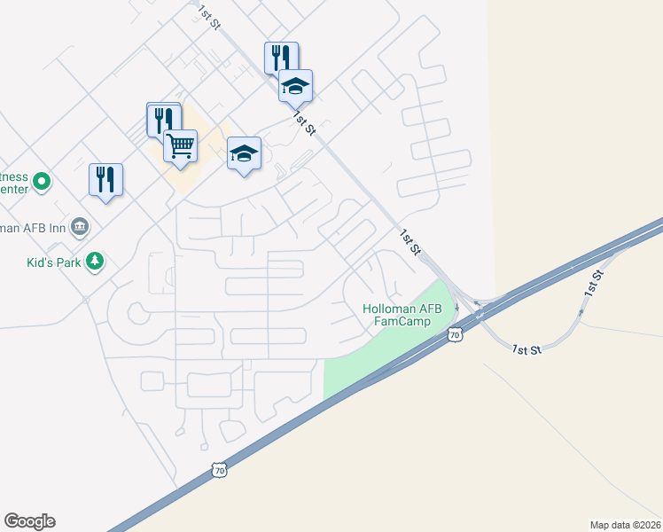 map of restaurants, bars, coffee shops, grocery stores, and more near 2300 Alamogordo Boulevard in Holloman Air Force Base