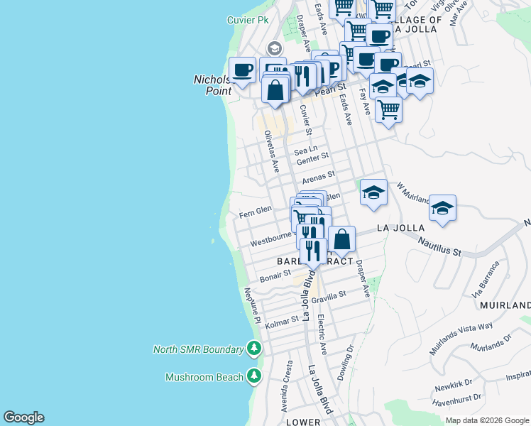 map of restaurants, bars, coffee shops, grocery stores, and more near 351 Fern Glen in San Diego