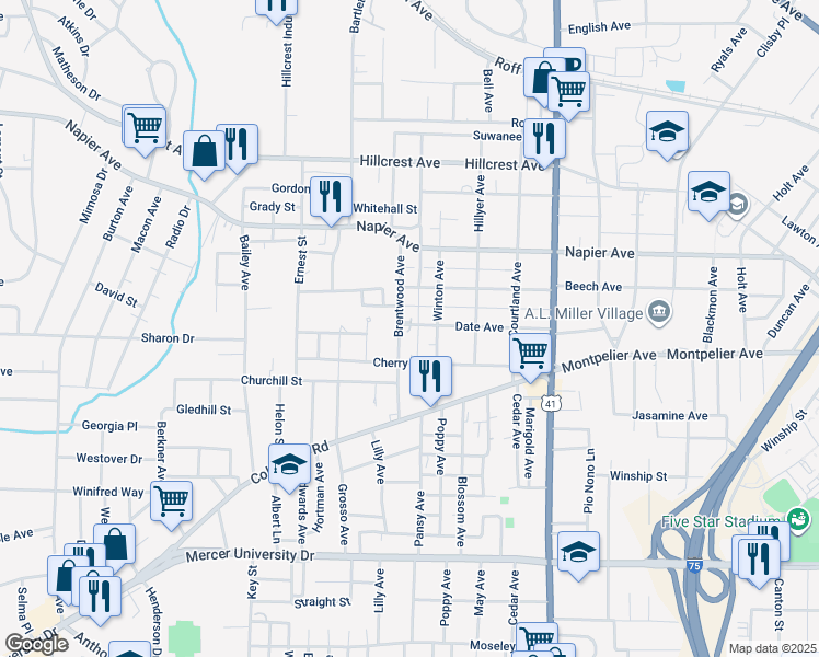 map of restaurants, bars, coffee shops, grocery stores, and more near 1304 Brentwood Avenue in Macon