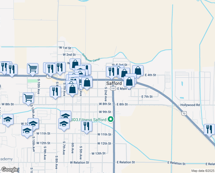 map of restaurants, bars, coffee shops, grocery stores, and more near 118 West 6th Street in Safford