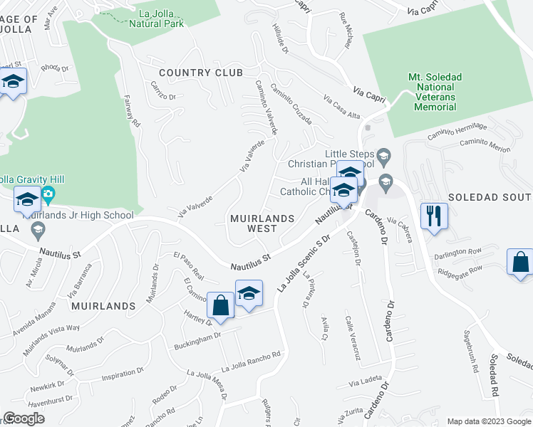 map of restaurants, bars, coffee shops, grocery stores, and more near 1957 Via Segovia in San Diego