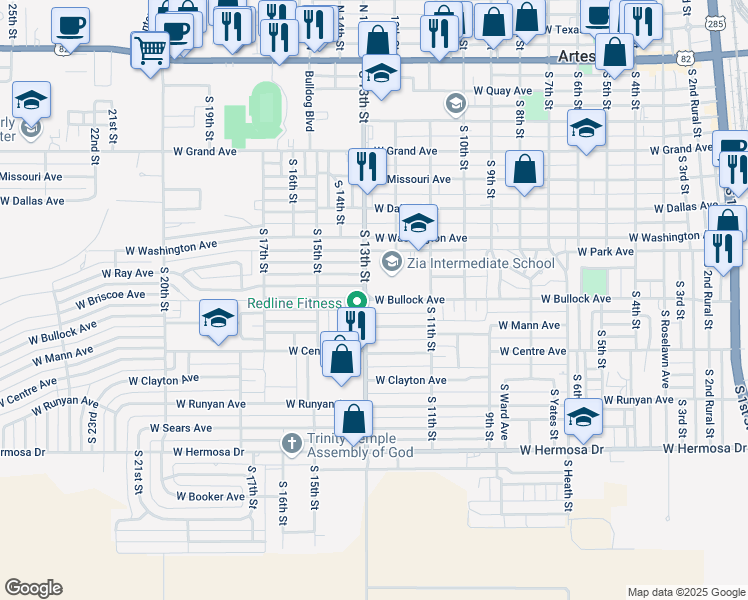 map of restaurants, bars, coffee shops, grocery stores, and more near 1268 West Bullock Avenue in Artesia