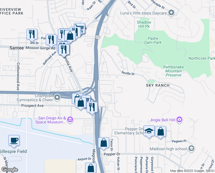map of restaurants, bars, coffee shops, grocery stores, and more near 8729 Graves Avenue in Santee