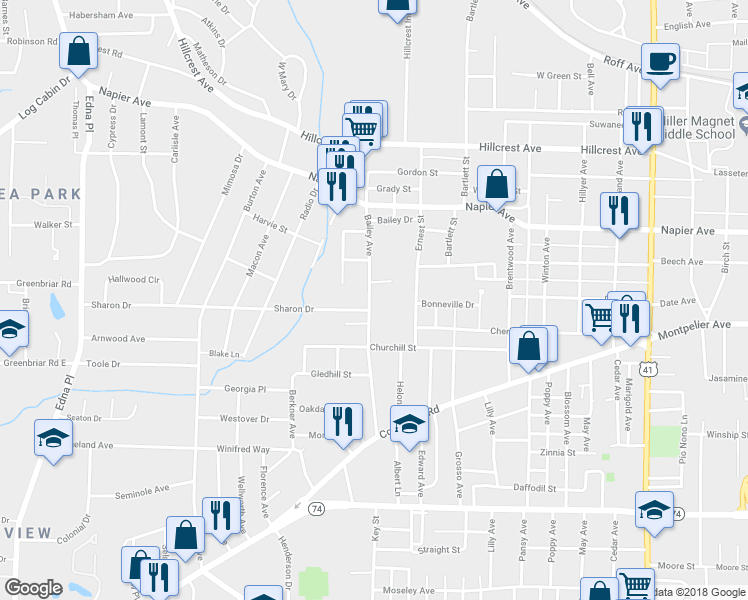 map of restaurants, bars, coffee shops, grocery stores, and more near 1288 Bailey Avenue in Macon