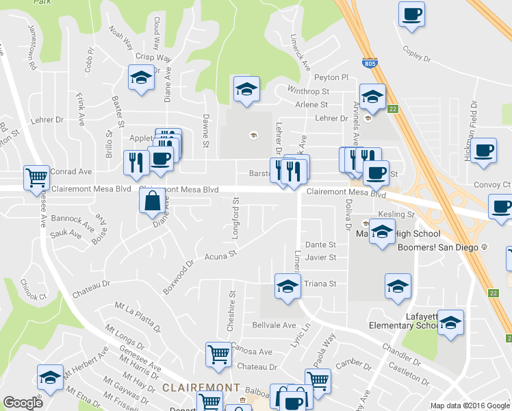 map of restaurants, bars, coffee shops, grocery stores, and more near 5061 West Kesling Street in San Diego
