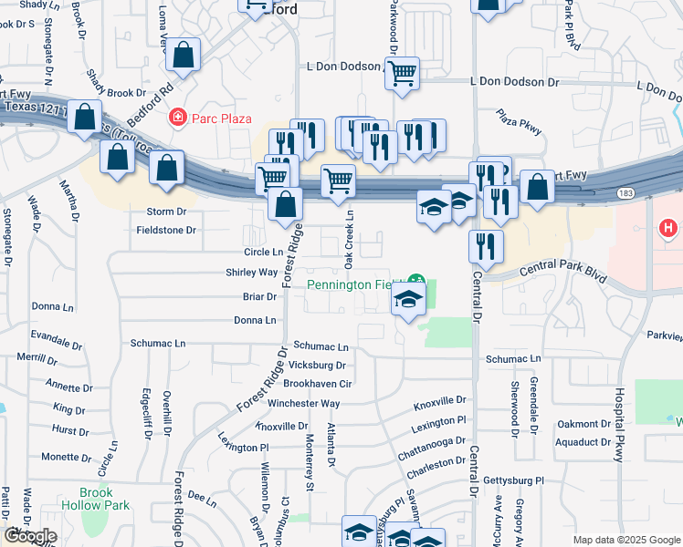 map of restaurants, bars, coffee shops, grocery stores, and more near 1621 Oak Creek Lane in Bedford