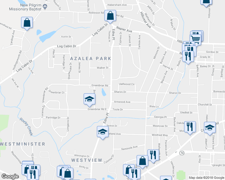 map of restaurants, bars, coffee shops, grocery stores, and more near 1270 Edna Place in Macon