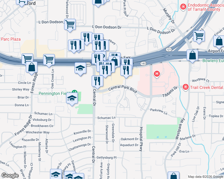 map of restaurants, bars, coffee shops, grocery stores, and more near 2205 Village Circle in Bedford