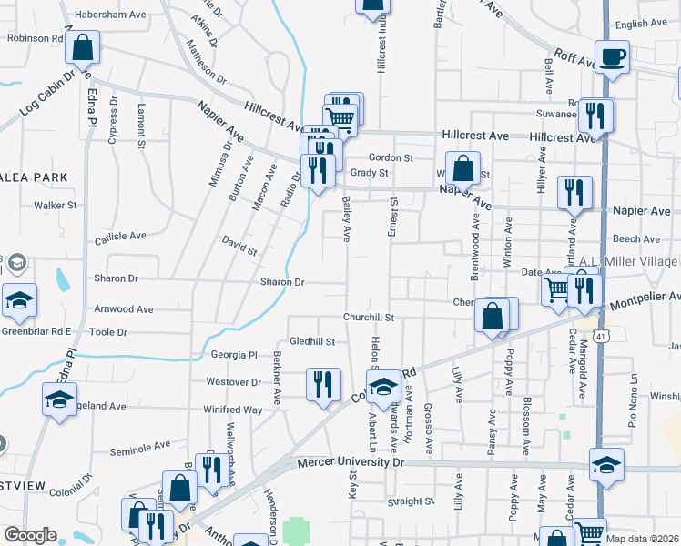 map of restaurants, bars, coffee shops, grocery stores, and more near 1288 Bailey Avenue in Macon