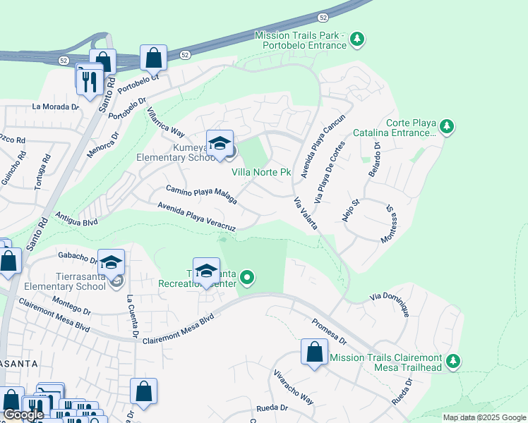 map of restaurants, bars, coffee shops, grocery stores, and more near 5418 Camino Playa Malaga in San Diego