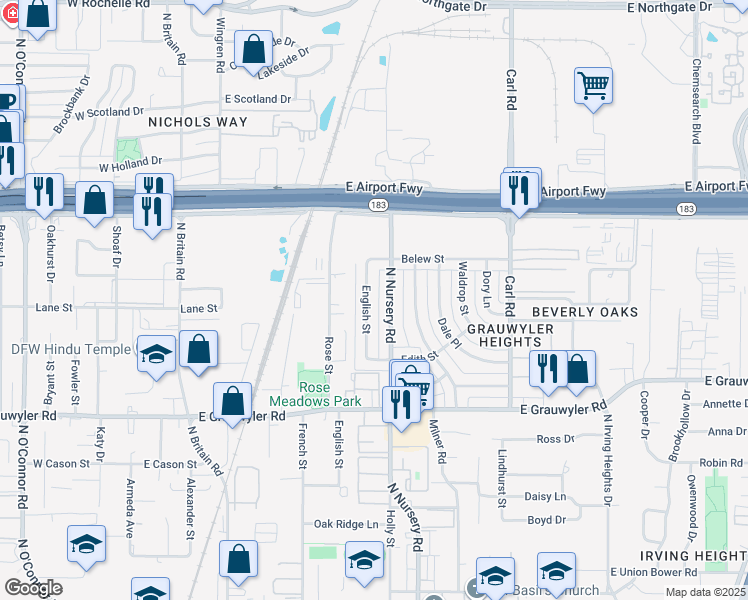 map of restaurants, bars, coffee shops, grocery stores, and more near 1824 English Street in Irving