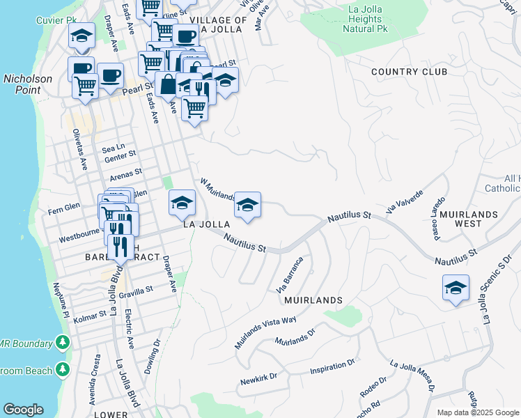 map of restaurants, bars, coffee shops, grocery stores, and more near 1211 West Muirlands Drive in San Diego