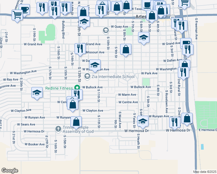 map of restaurants, bars, coffee shops, grocery stores, and more near 903 South 10th Street in Artesia