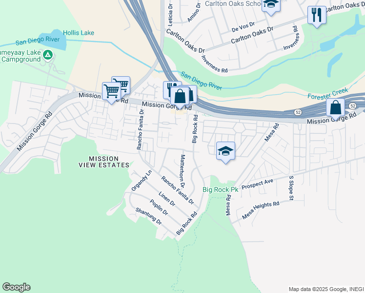 map of restaurants, bars, coffee shops, grocery stores, and more near 8632 Big Rock Road in Santee