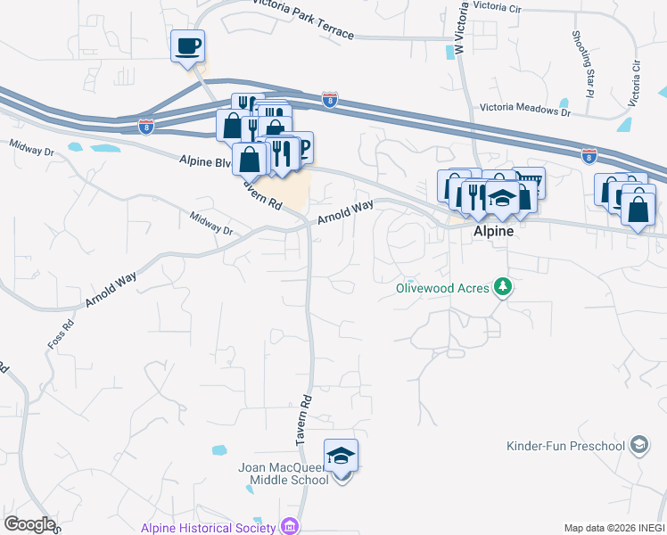map of restaurants, bars, coffee shops, grocery stores, and more near 1539 Tavern Road in Alpine