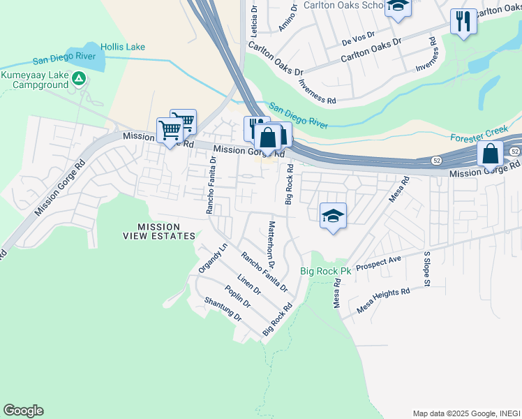 map of restaurants, bars, coffee shops, grocery stores, and more near 8016 Woodpecker Way in Santee