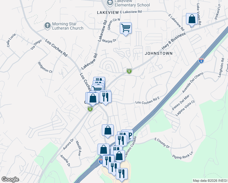 map of restaurants, bars, coffee shops, grocery stores, and more near Los Coches Road East in El Cajon
