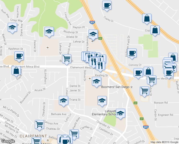 map of restaurants, bars, coffee shops, grocery stores, and more near 5405 Clairemont Mesa Boulevard in San Diego