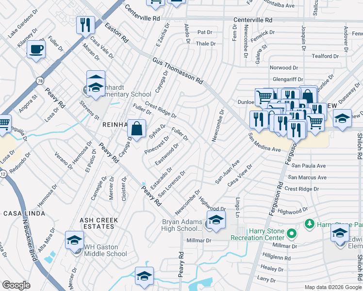 map of restaurants, bars, coffee shops, grocery stores, and more near 10226 Eastwood Drive in Dallas