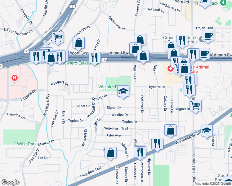 map of restaurants, bars, coffee shops, grocery stores, and more near 1702 Kynette Drive in Euless