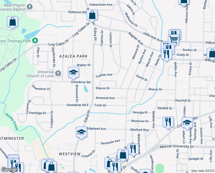 map of restaurants, bars, coffee shops, grocery stores, and more near 3337 Sharon Drive in Macon