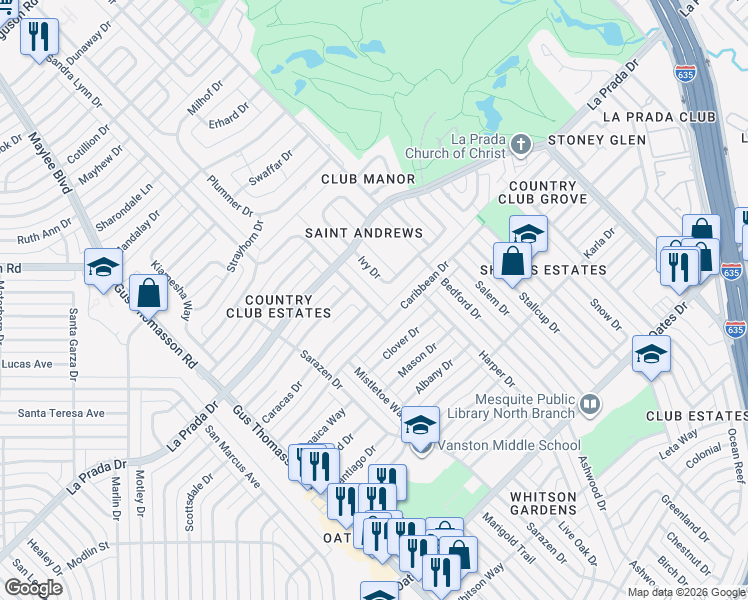 map of restaurants, bars, coffee shops, grocery stores, and more near 4522 Sandra Lynn Drive in Mesquite