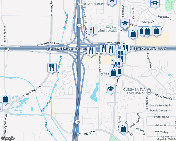 map of restaurants, bars, coffee shops, grocery stores, and more near 14 Beaver Lane in Irving