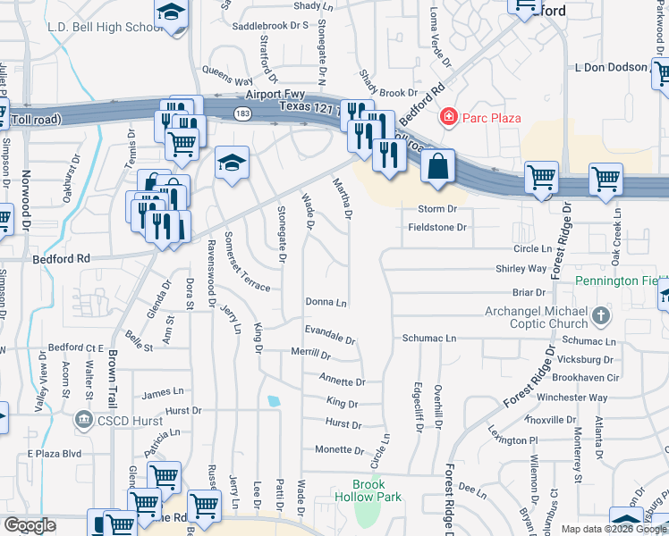 map of restaurants, bars, coffee shops, grocery stores, and more near 620 Robindale Court in Bedford