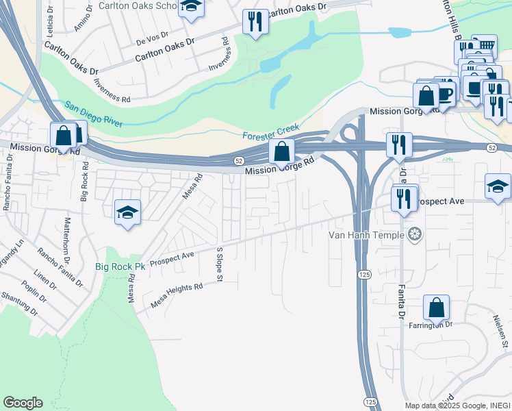 map of restaurants, bars, coffee shops, grocery stores, and more near 8670 Amherst Street in Santee
