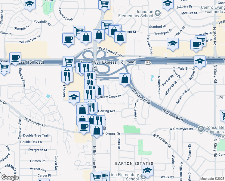 map of restaurants, bars, coffee shops, grocery stores, and more near 3200 West Irving Boulevard in Irving