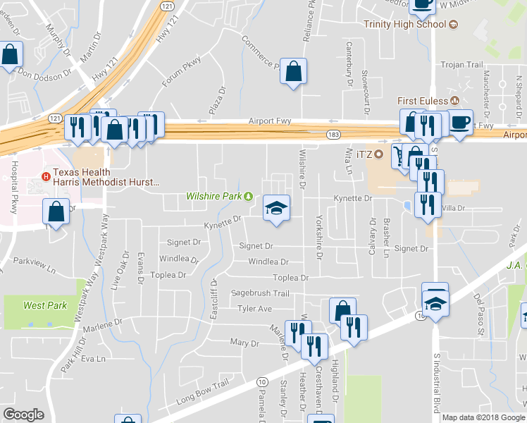 map of restaurants, bars, coffee shops, grocery stores, and more near 1702 Kynette Drive in Euless