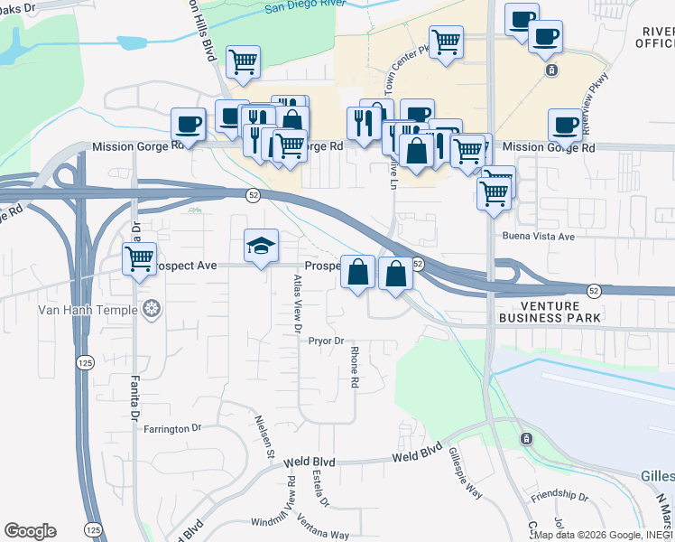 map of restaurants, bars, coffee shops, grocery stores, and more near 9449 Prospect Avenue in Santee