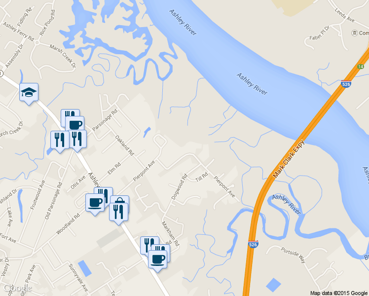 map of restaurants, bars, coffee shops, grocery stores, and more near 1628 Pierpont Avenue in Charleston