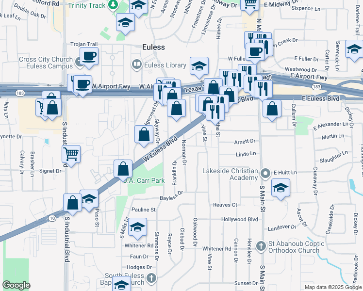map of restaurants, bars, coffee shops, grocery stores, and more near 304 Norman Drive in Euless