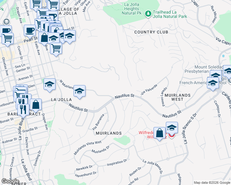 map of restaurants, bars, coffee shops, grocery stores, and more near 1402 West Muirlands Drive in San Diego